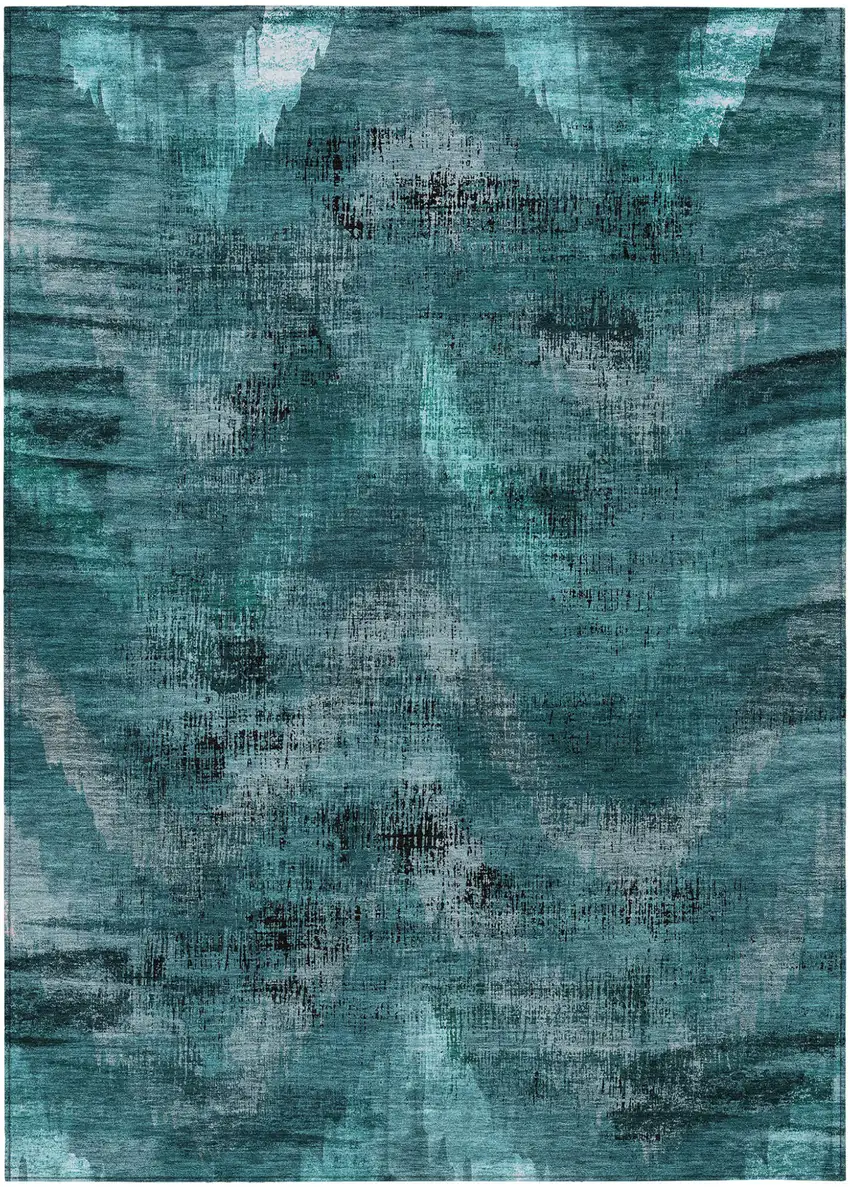 Teal Blue Aqua And Gray Abstract Washable Indoor Outdoor Area Rug Photo 2