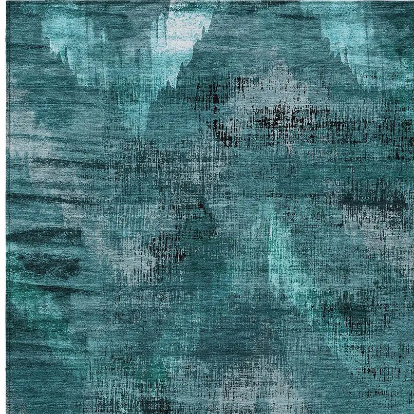 Teal Blue Aqua And Gray Abstract Washable Indoor Outdoor Area Rug Photo 6