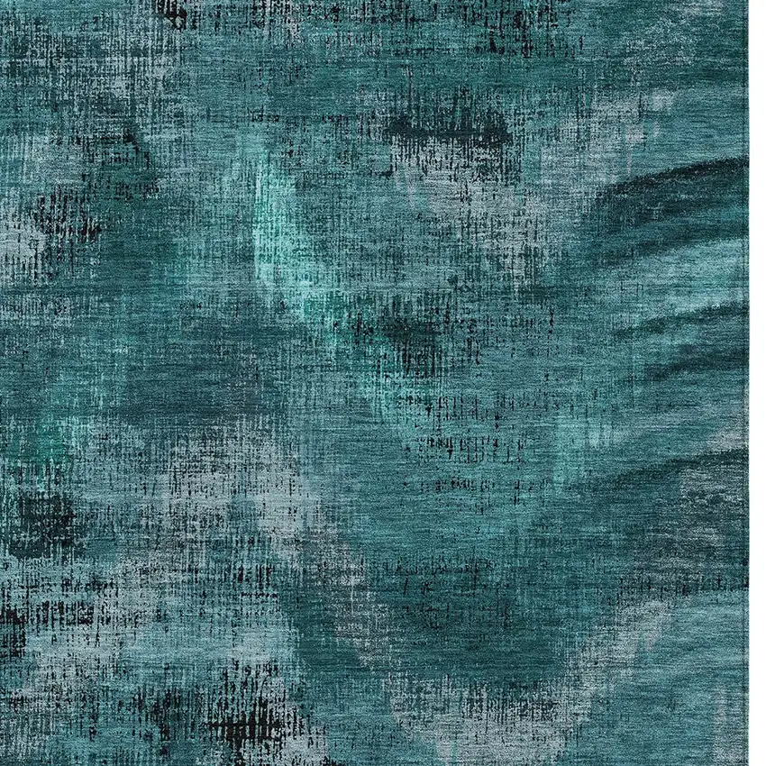 Teal Blue Aqua And Gray Abstract Washable Indoor Outdoor Area Rug Photo 6