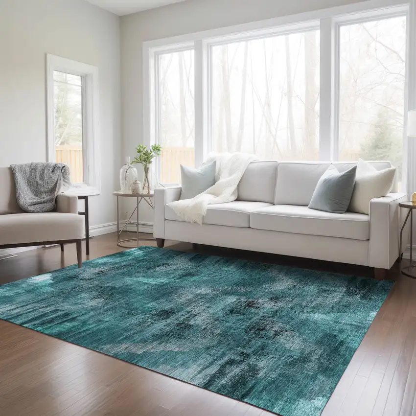Teal Blue Aqua And Gray Abstract Washable Indoor Outdoor Area Rug Photo 9