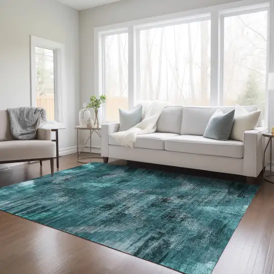 Teal Blue Aqua And Gray Abstract Washable Indoor Outdoor Area Rug Photo 9