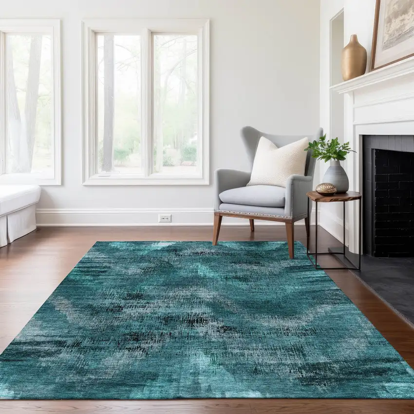 Teal Blue Aqua And Gray Abstract Washable Indoor Outdoor Area Rug Photo 9