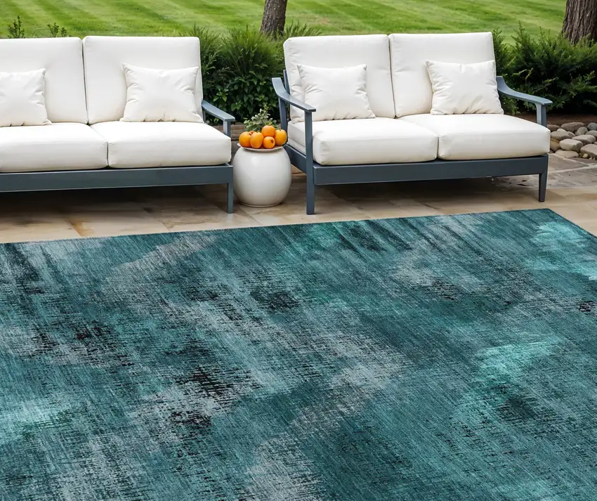 Teal Blue Aqua And Gray Abstract Washable Indoor Outdoor Area Rug Photo 1
