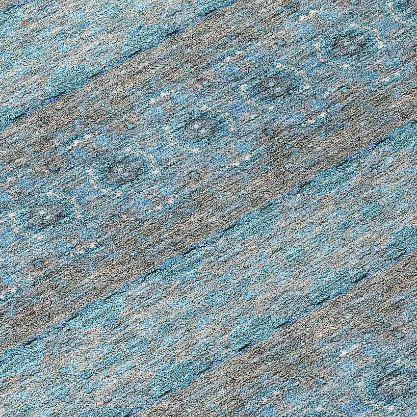 Teal Blue Aqua And Gray Floral Medallion Washable Indoor Outdoor Area Rug Photo 6