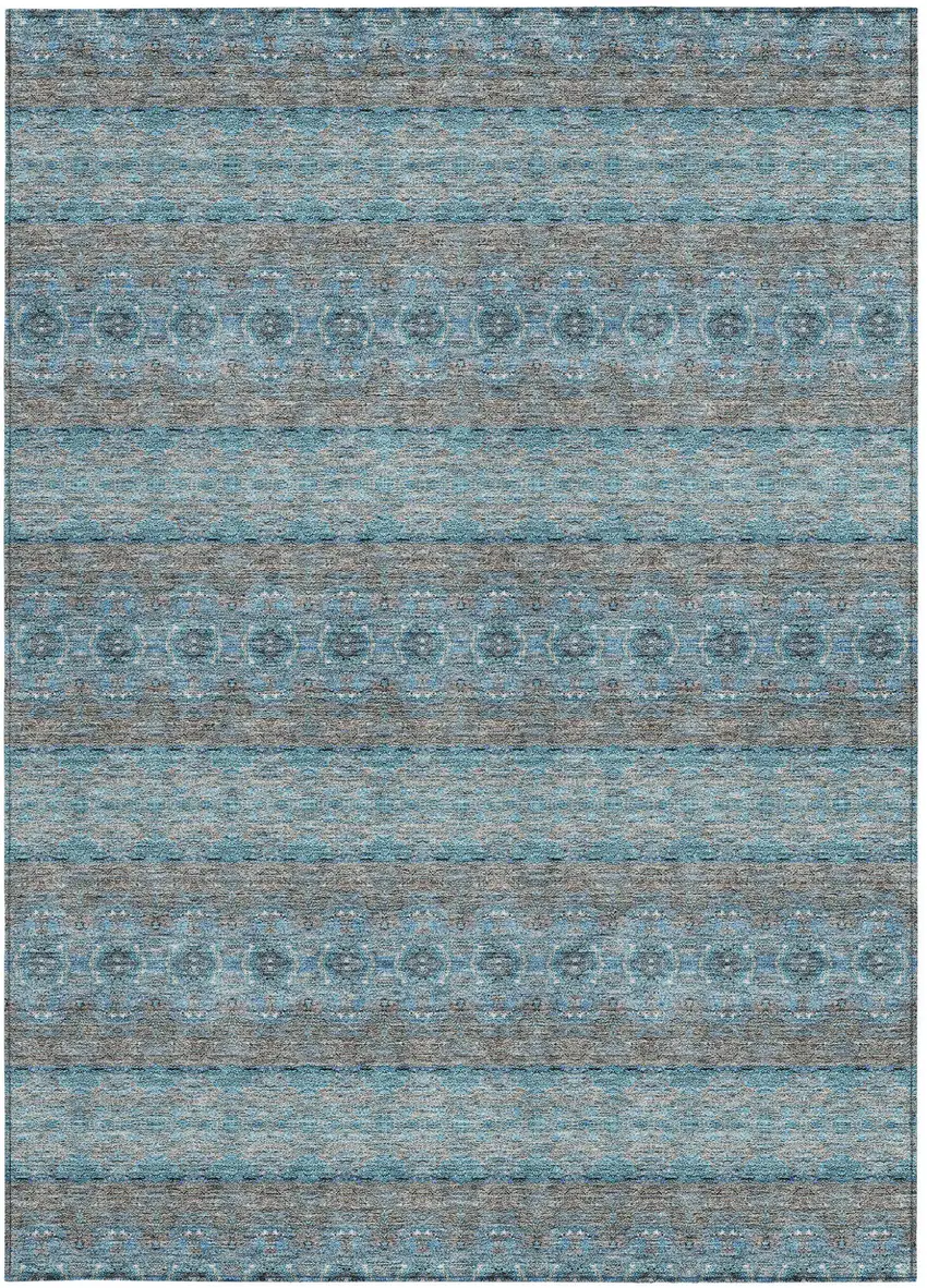 Teal Blue Aqua And Gray Floral Medallion Washable Indoor Outdoor Area Rug Photo 5
