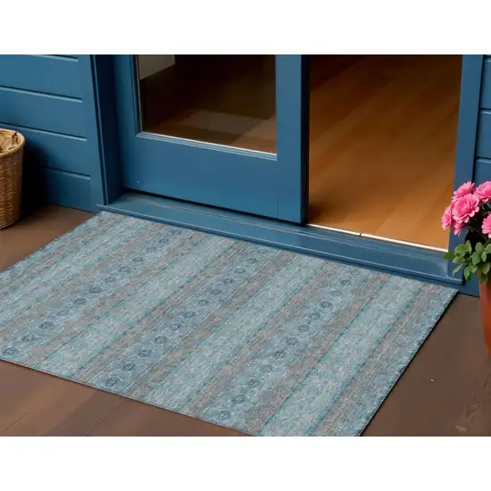 Teal Blue Aqua And Gray Floral Medallion Washable Indoor Outdoor Area Rug Photo 1