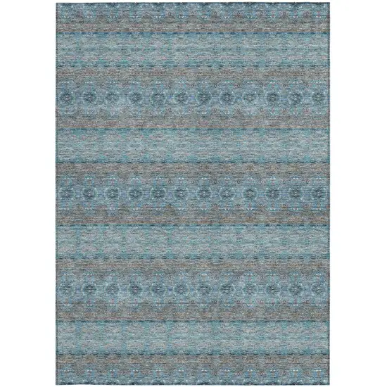 Teal Blue Aqua And Gray Floral Medallion Washable Indoor Outdoor Area Rug Photo 5