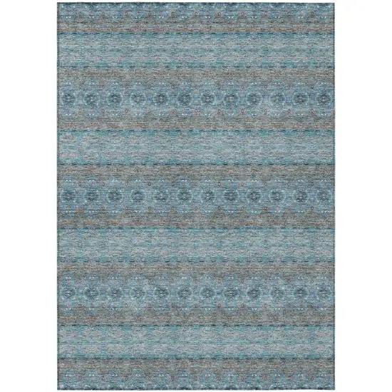 Teal Blue Aqua And Gray Floral Medallion Washable Indoor Outdoor Area Rug Photo 2