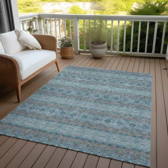 Teal Blue Aqua And Gray Floral Medallion Washable Indoor Outdoor Area Rug Photo 6
