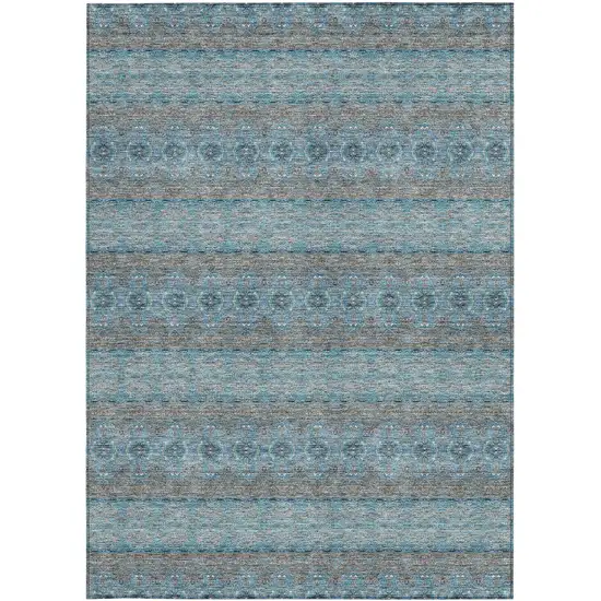 Teal Blue Aqua And Gray Floral Medallion Washable Indoor Outdoor Area Rug Photo 5