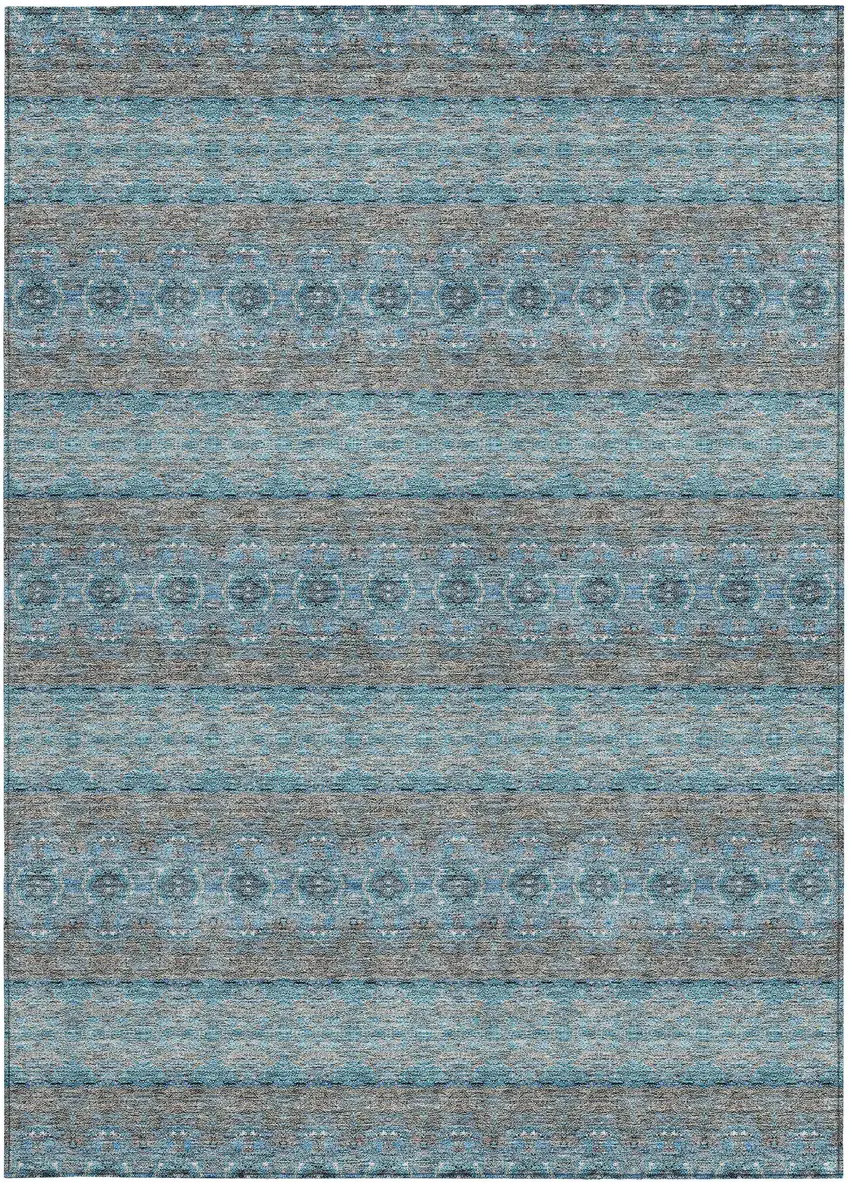 Teal Blue Aqua And Gray Floral Medallion Washable Indoor Outdoor Area Rug Photo 5