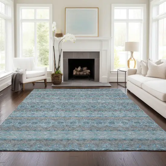 Teal Blue Aqua And Gray Floral Medallion Washable Indoor Outdoor Area Rug Photo 7
