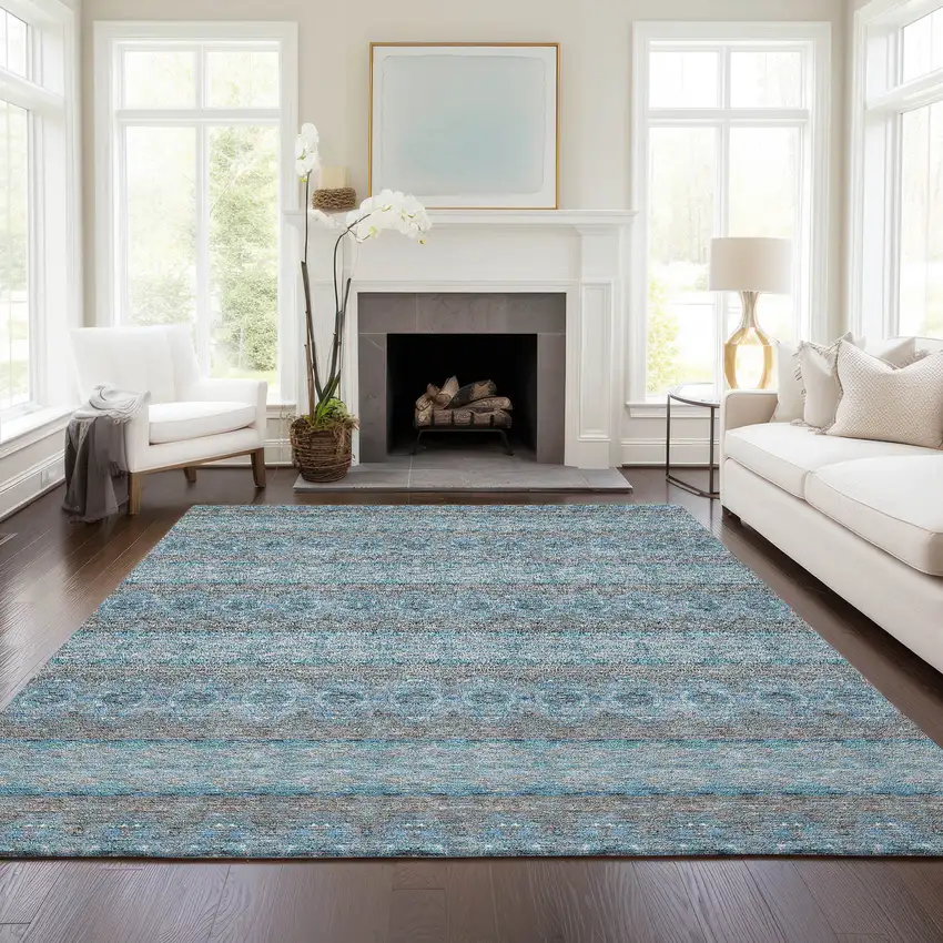 Teal Blue Aqua And Gray Floral Medallion Washable Indoor Outdoor Area Rug Photo 7