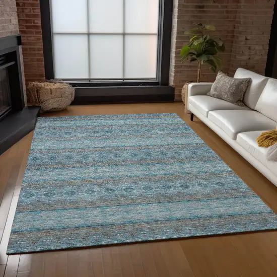 Teal Blue Aqua And Gray Floral Medallion Washable Indoor Outdoor Area Rug Photo 8
