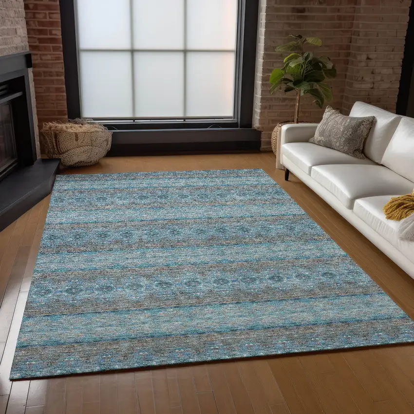 Teal Blue Aqua And Gray Floral Medallion Washable Indoor Outdoor Area Rug Photo 8