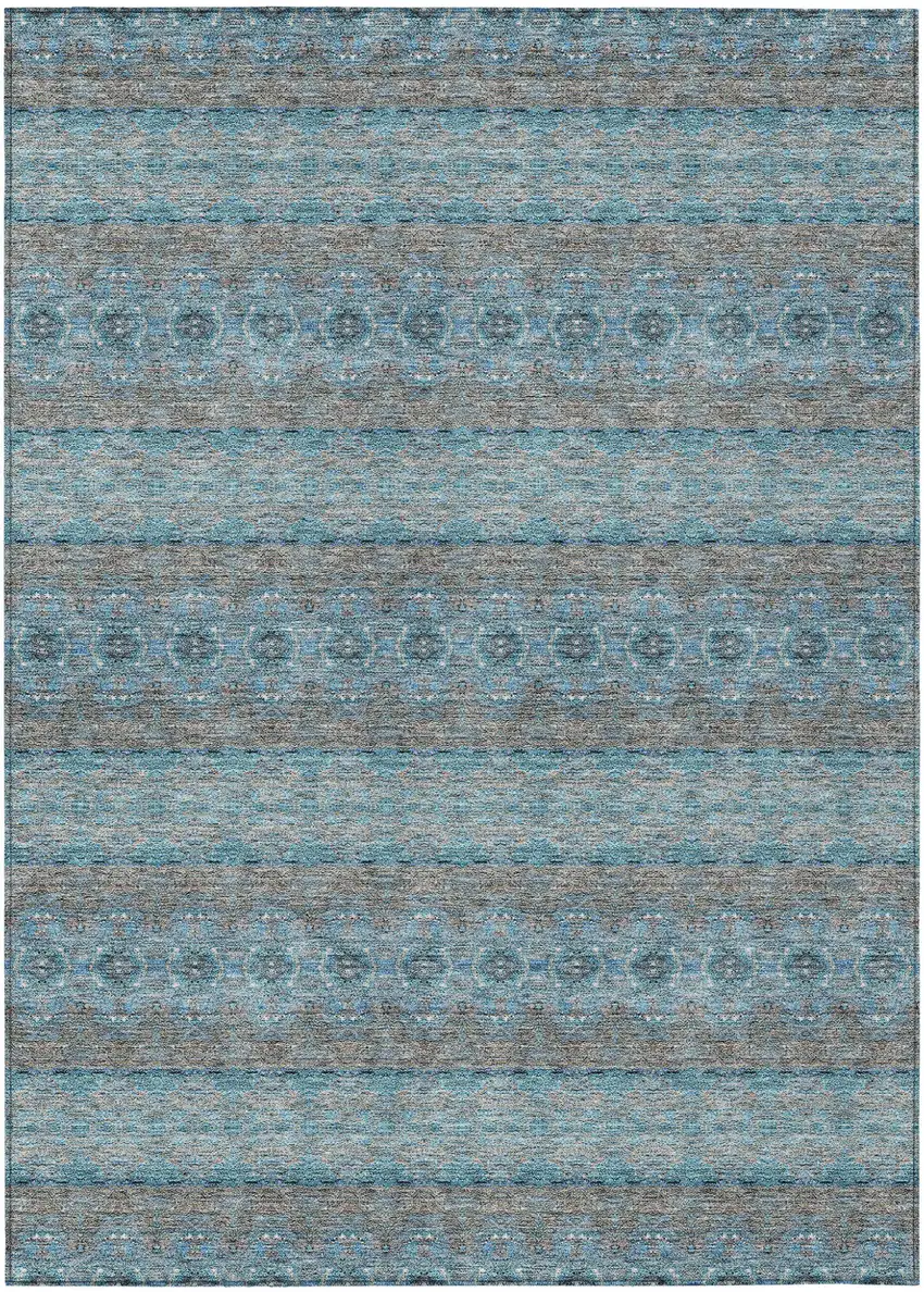 Teal Blue Aqua And Gray Floral Medallion Washable Indoor Outdoor Area Rug Photo 2