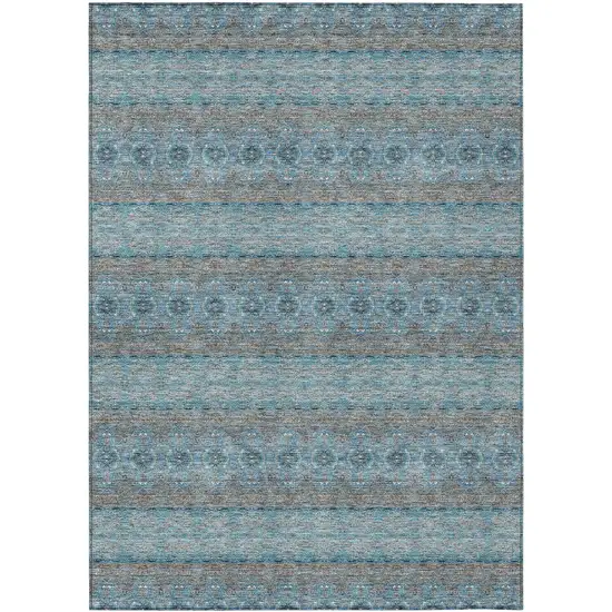 Teal Blue Aqua And Gray Floral Medallion Washable Indoor Outdoor Area Rug Photo 2
