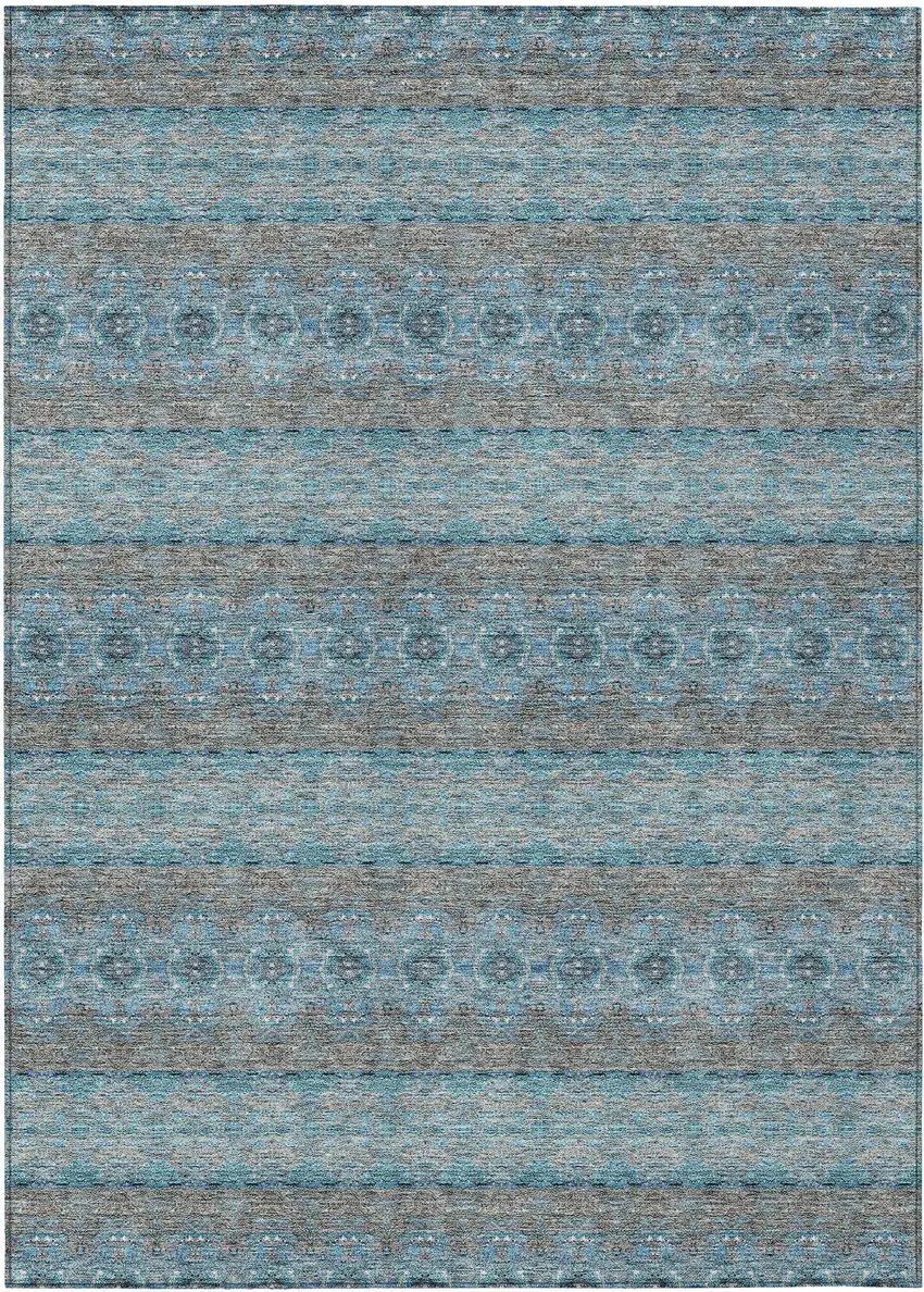 Teal Blue Aqua And Gray Floral Medallion Washable Indoor Outdoor Area Rug Photo 2