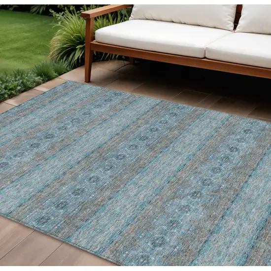 Teal Blue Aqua And Gray Floral Medallion Washable Indoor Outdoor Area Rug Photo 1