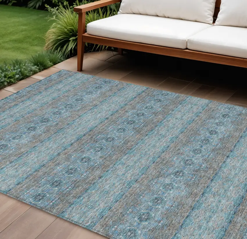 Teal Blue Aqua And Gray Floral Medallion Washable Indoor Outdoor Area Rug Photo 1