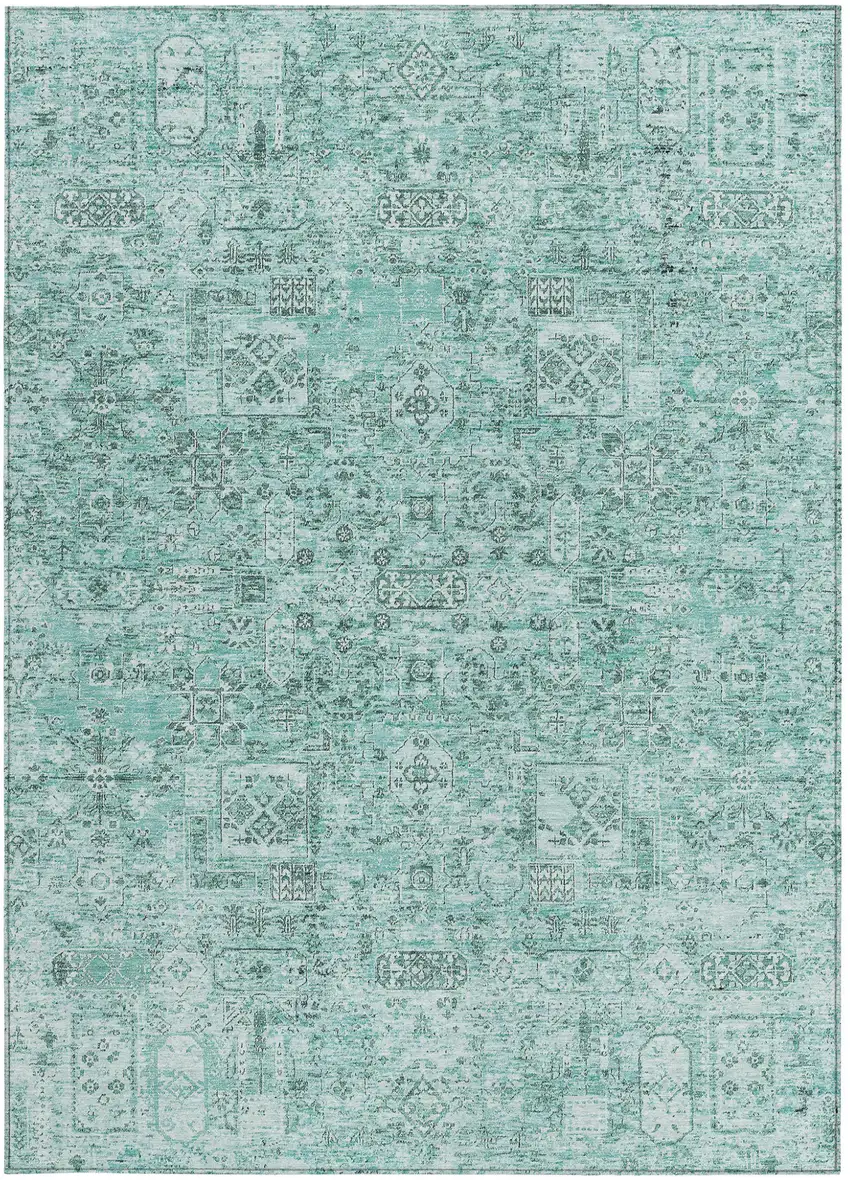 Teal Blue Aqua And Gray Floral Washable Indoor Outdoor Area Rug Photo 5