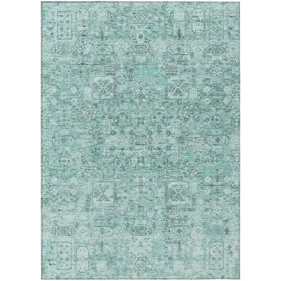 Teal Blue Aqua And Gray Floral Washable Indoor Outdoor Area Rug Photo 2