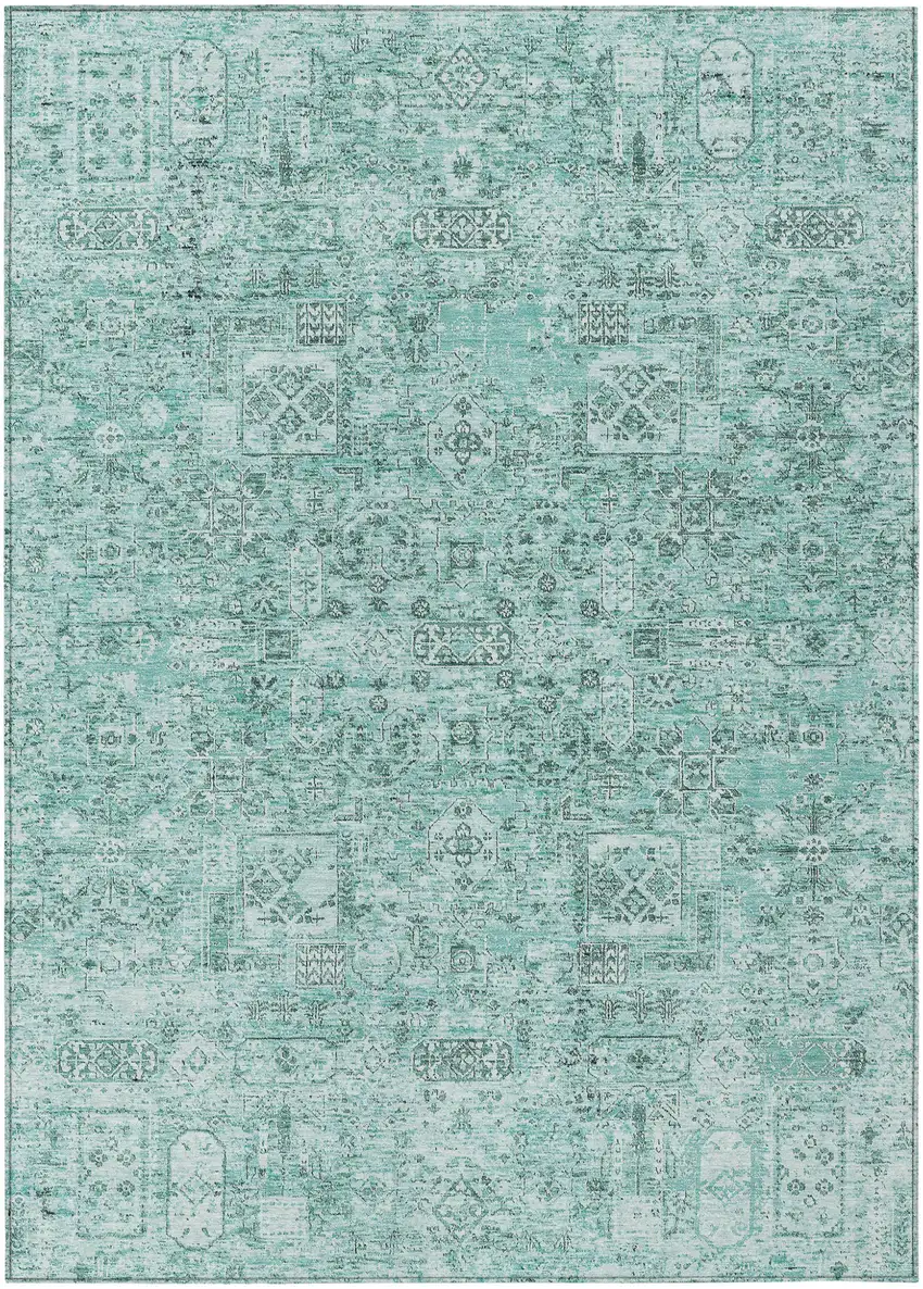 Teal Blue Aqua And Gray Floral Washable Indoor Outdoor Area Rug Photo 2