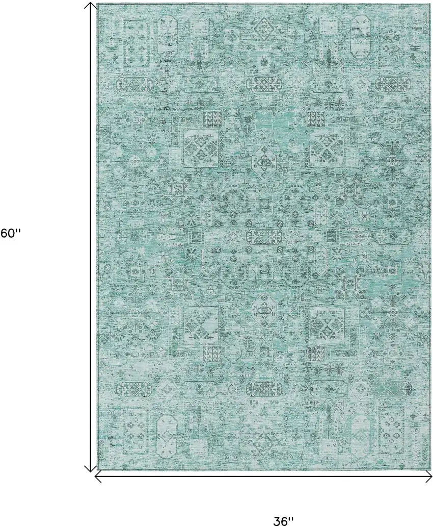 Teal Blue Aqua And Gray Floral Washable Indoor Outdoor Area Rug Photo 3