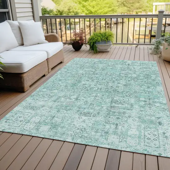 Teal Blue Aqua And Gray Floral Washable Indoor Outdoor Area Rug Photo 9