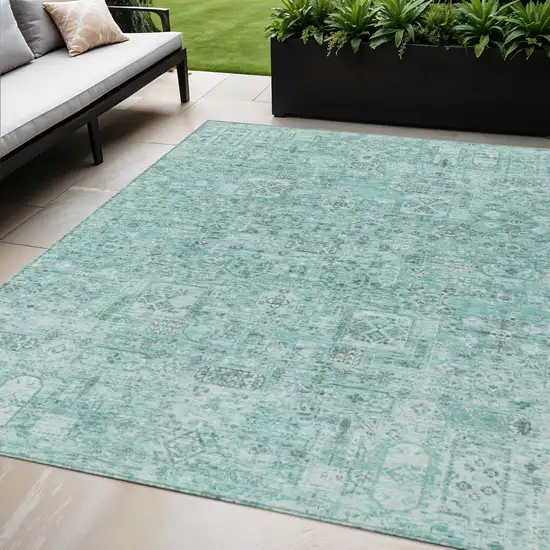 Teal Blue Aqua And Gray Floral Washable Indoor Outdoor Area Rug Photo 1