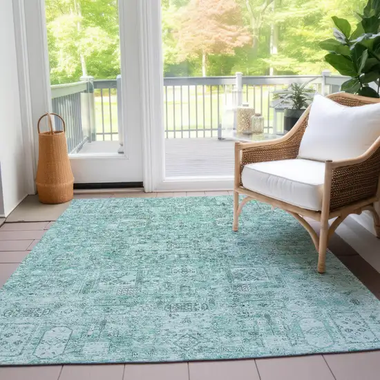 Teal Blue Aqua And Gray Floral Washable Indoor Outdoor Area Rug Photo 8