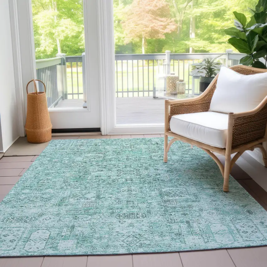 Teal Blue Aqua And Gray Floral Washable Indoor Outdoor Area Rug Photo 8