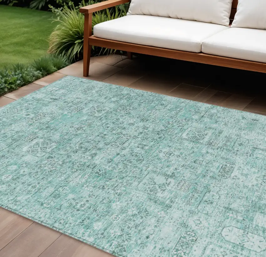 Teal Blue Aqua And Gray Floral Washable Indoor Outdoor Area Rug Photo 1