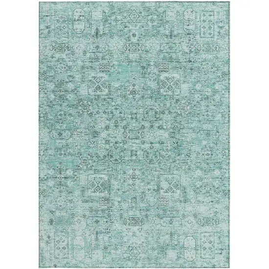Teal Blue Aqua And Gray Floral Washable Indoor Outdoor Area Rug Photo 5