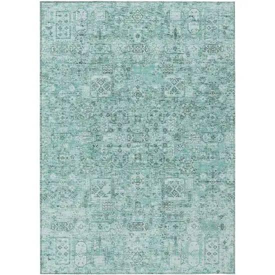 Teal Blue Aqua And Gray Floral Washable Indoor Outdoor Area Rug Photo 2