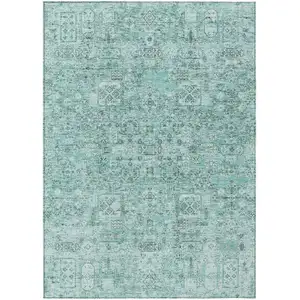 Photo of Teal Blue Aqua And Gray Floral Washable Indoor Outdoor Area Rug