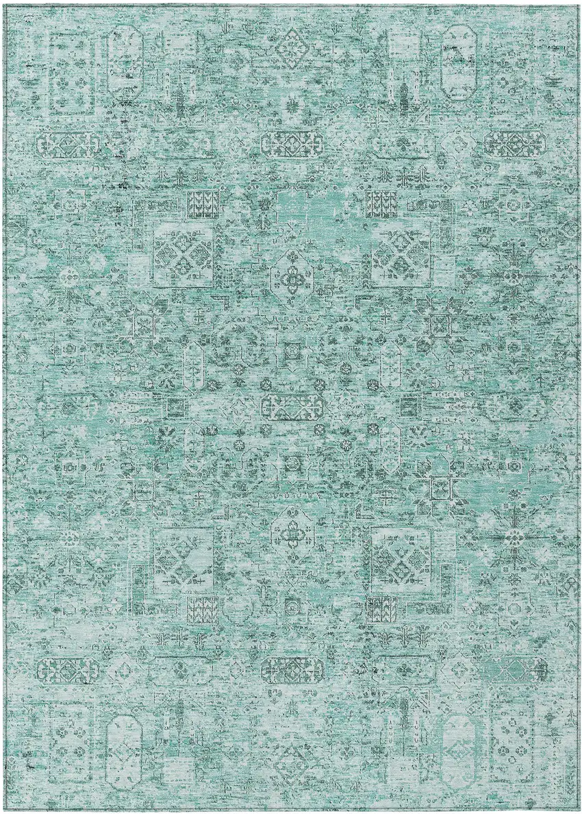Teal Blue Aqua And Gray Floral Washable Indoor Outdoor Area Rug Photo 2
