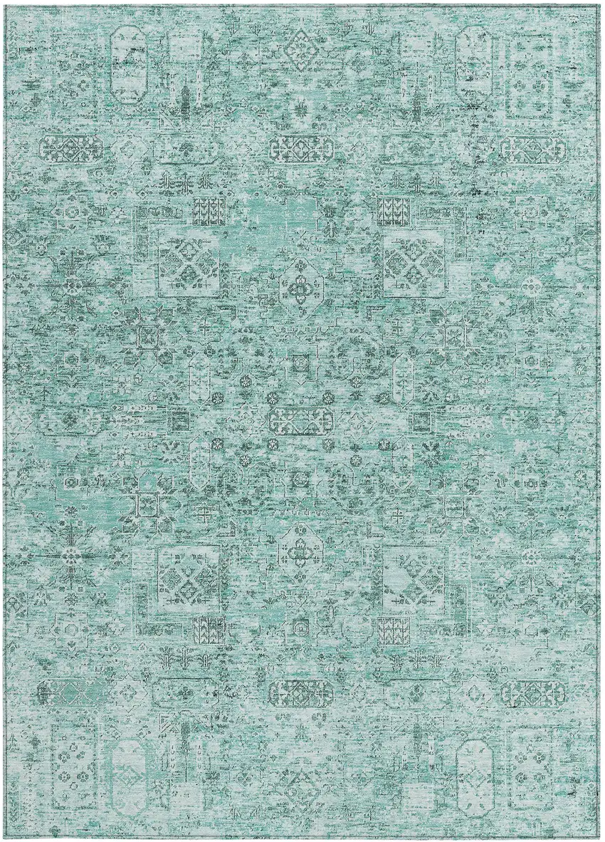 Teal Blue Aqua And Gray Floral Washable Indoor Outdoor Area Rug Photo 5