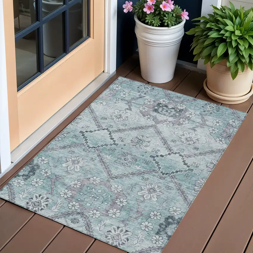 Teal Blue Aqua And Gray Floral Washable Indoor Outdoor Area Rug Photo 1