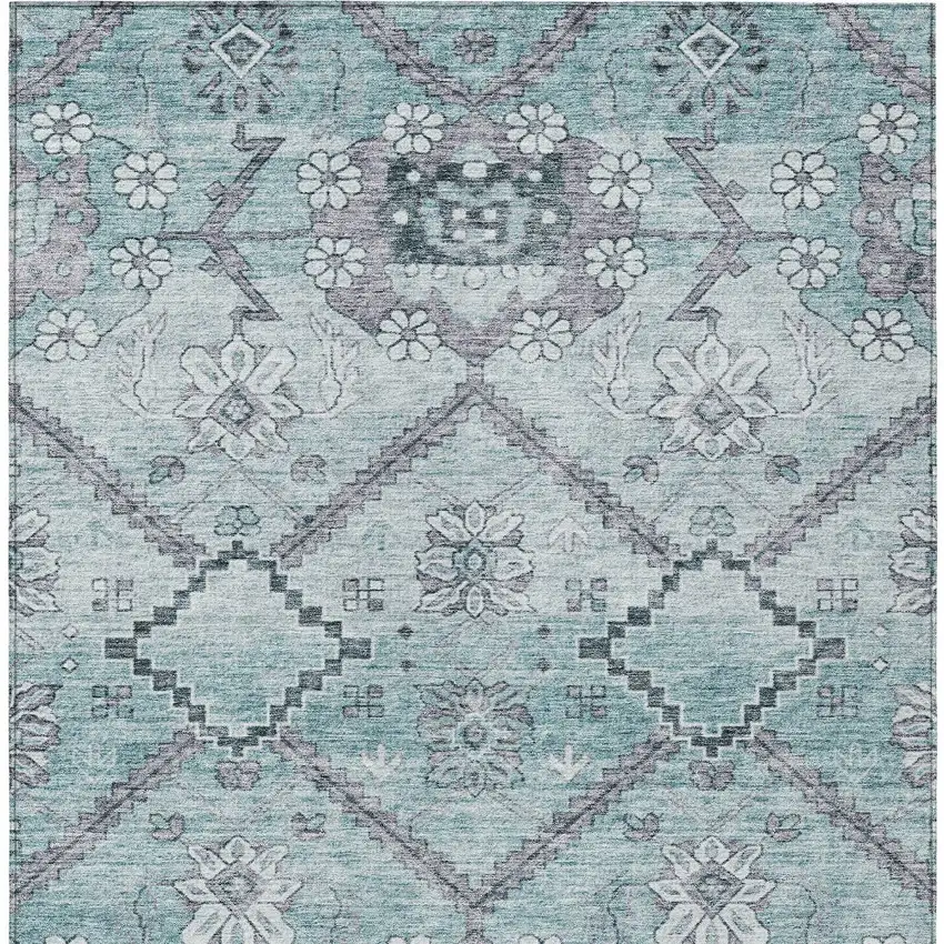 Teal Blue Aqua And Gray Floral Washable Indoor Outdoor Area Rug Photo 7