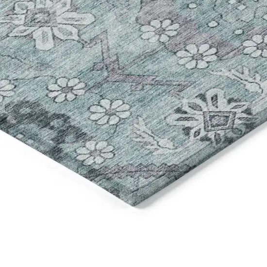Teal Blue Aqua And Gray Floral Washable Indoor Outdoor Area Rug Photo 5