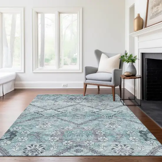 Teal Blue Aqua And Gray Floral Washable Indoor Outdoor Area Rug Photo 9