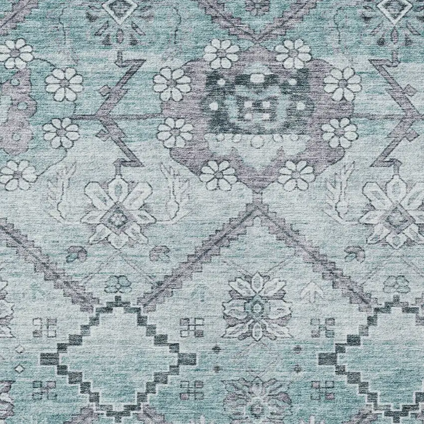Teal Blue Aqua And Gray Floral Washable Indoor Outdoor Area Rug Photo 6