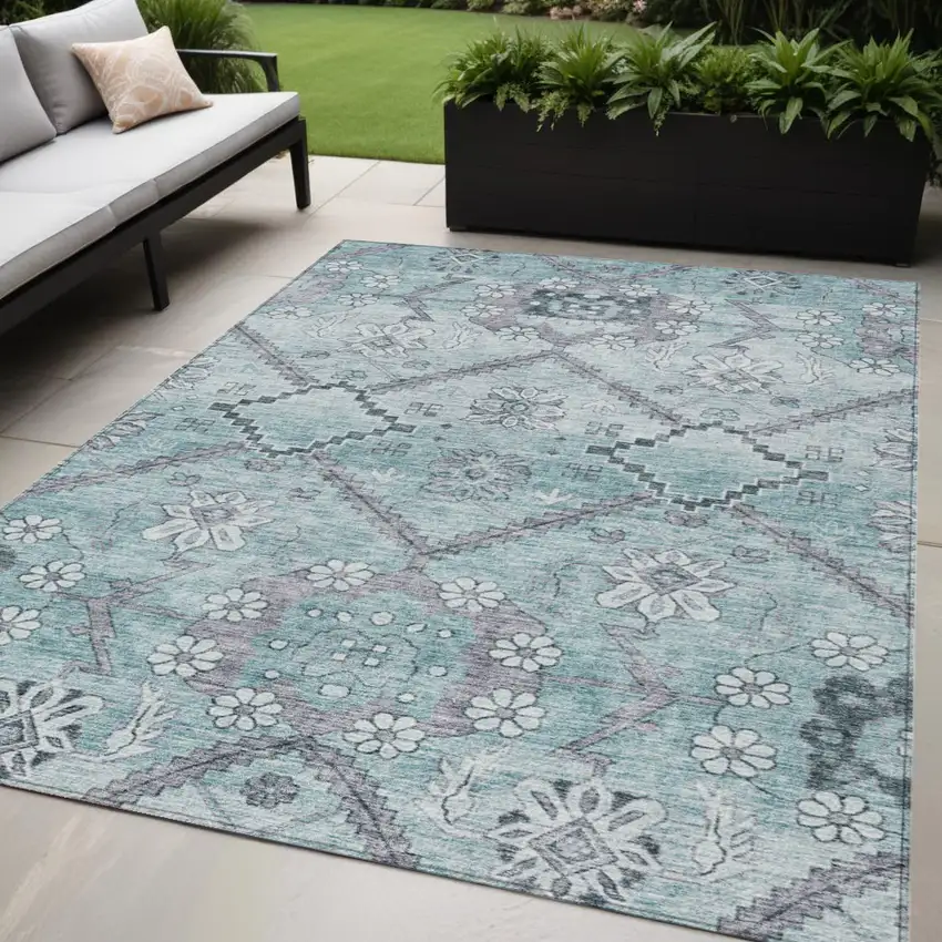 Teal Blue Aqua And Gray Floral Washable Indoor Outdoor Area Rug Photo 1