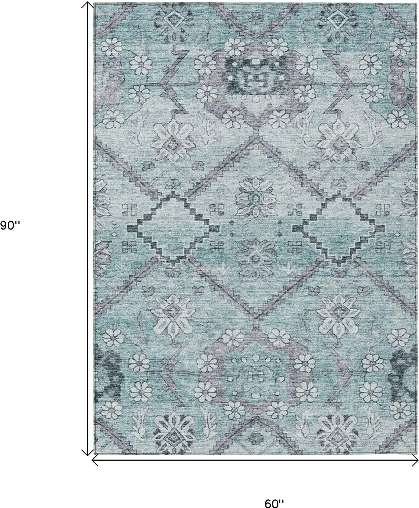 Teal Blue Aqua And Gray Floral Washable Indoor Outdoor Area Rug Photo 3