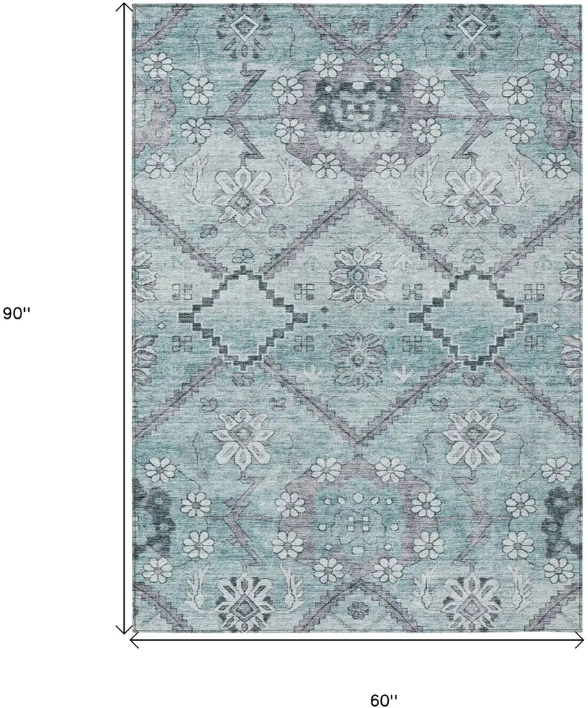 Teal Blue Aqua And Gray Floral Washable Indoor Outdoor Area Rug Photo 3