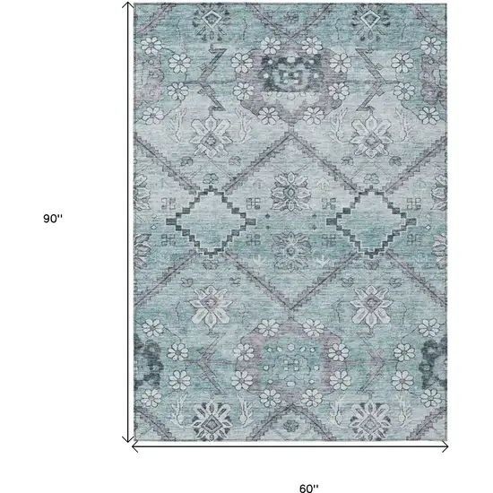 Teal Blue Aqua And Gray Floral Washable Indoor Outdoor Area Rug Photo 3