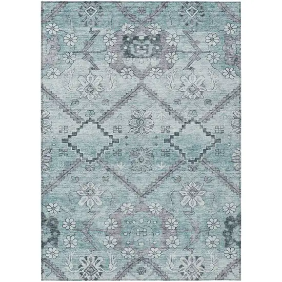 Teal Blue Aqua And Gray Floral Washable Indoor Outdoor Area Rug Photo 2