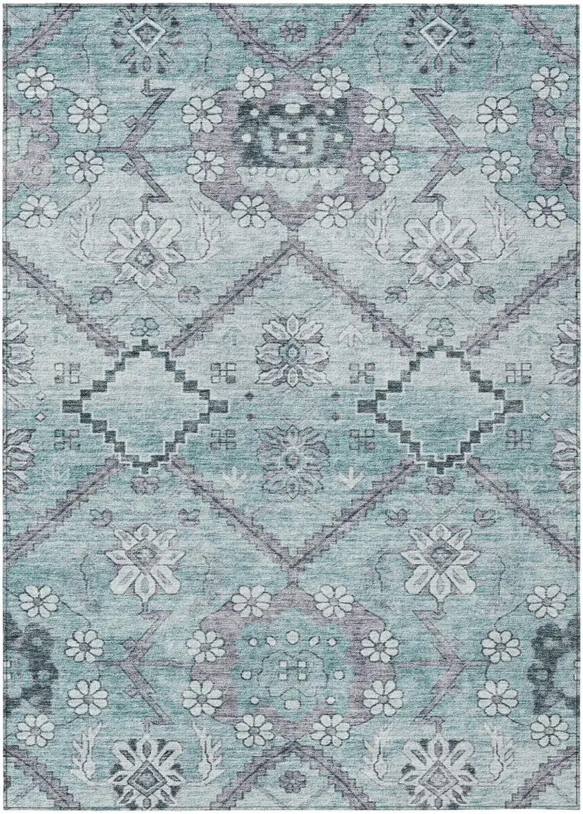 Teal Blue Aqua And Gray Floral Washable Indoor Outdoor Area Rug Photo 2