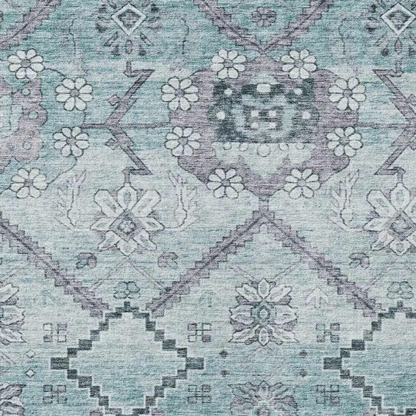 Teal Blue Aqua And Gray Floral Washable Indoor Outdoor Area Rug Photo 6